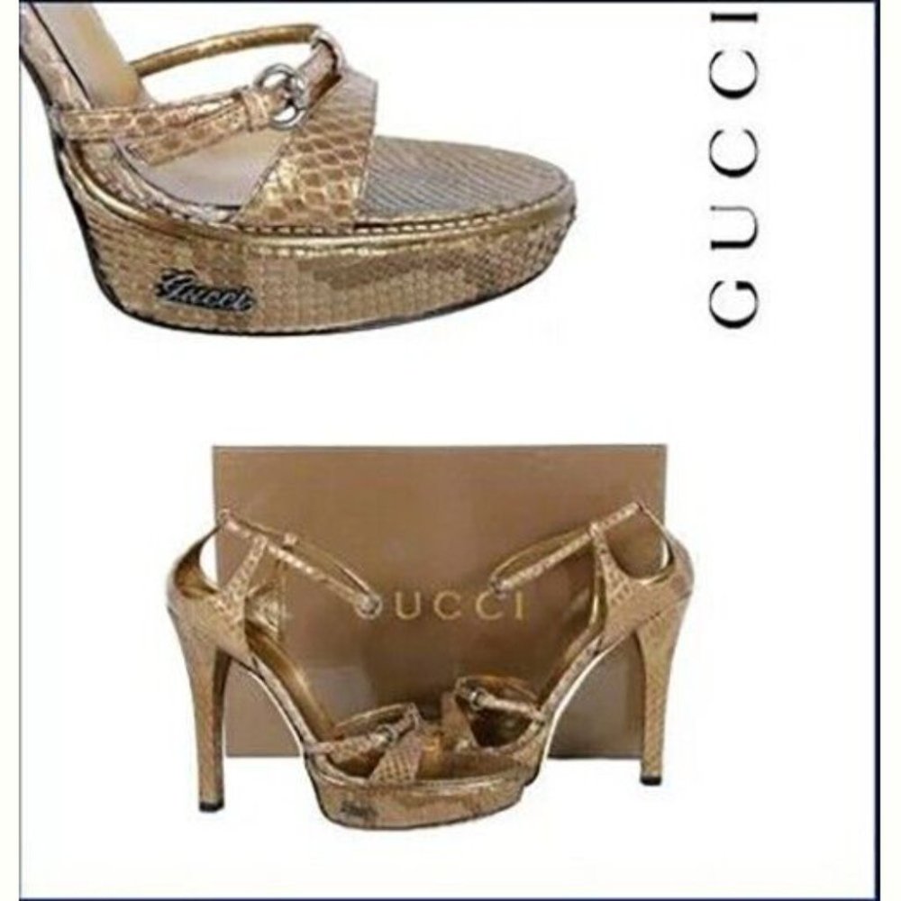 New Gucci Gold Python Platform Shoes Sandals Size… - image 3